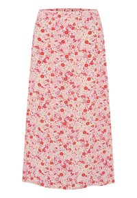 Gonna maxi floreale con sfondo crema; presenta piccoli fiori rossi e rosa con foglie; tessuto morbido con design fluido.