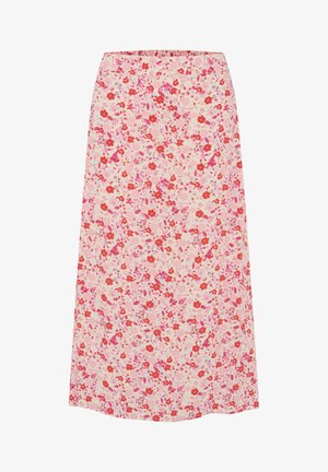 Jupe maxi florale avec un fond crème ; comporte de petites fleurs rouges et roses ainsi que des feuilles ; tissu doux avec un design fluide.