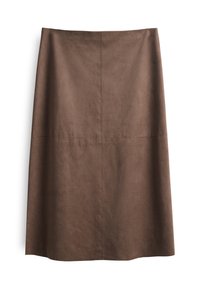 Gonna A-line in suede marrone con texture liscia, lunghezza al ginocchio e dettagli delle cuciture sottili. Nessun hardware o accento visibile.