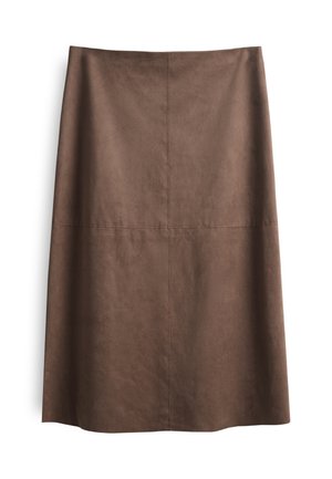 Bruine suede A-lijn rok met een zachte textuur, knielange stijl en subtiele naaddetails. Geen zichtbare hardware of accenten.
