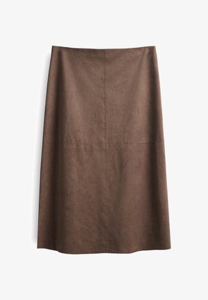 Bruine suede A-lijn rok met een zachte textuur, knielange stijl en subtiele naaddetails. Geen zichtbare hardware of accenten.