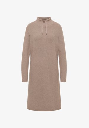 Pletené šaty v světle béžové barvě s vysokým límcem a stahovací šňůrkou. Mají dlouhé rukávy a rovný střih, který zajišťuje volný a pohodlný vzhled.