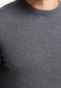 Maglione grigio a maglia con scollo rotondo classico. Il tessuto appare morbido e dalla consistenza piacevole, presentando un motivo uniforme e liscio su tutta la superficie.