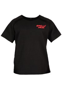 Zwarte geribde T-shirt met korte mouwen, voorzien van een rood 'GORILLA WEAR' logo op de voorkant. Eenvoudige halslijn, gestructureerde stof.