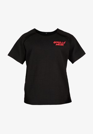 Zwarte geribde T-shirt met korte mouwen, voorzien van een rood 'GORILLA WEAR' logo op de voorkant. Eenvoudige halslijn, gestructureerde stof.