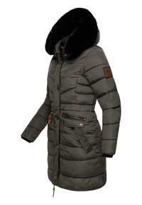 Padded parka in dark gray with a black fur-lined hood, zippered pockets, and brown leather accents. Features a fitted silhouette.