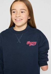 Sudadera azul marino oscuro con cuello de canalé, que presenta el logo bordado en rojo "Tommy". Tela suave, corte relajado y detalles de costura visibles.