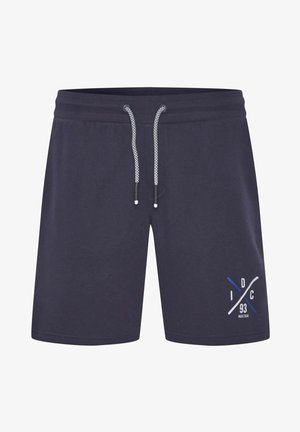 Tamnoplave cargo kratke hlače od mekog materijala, s remenom na vezanje s bijelim akcentima i logom na donjoj lijevoj strani.