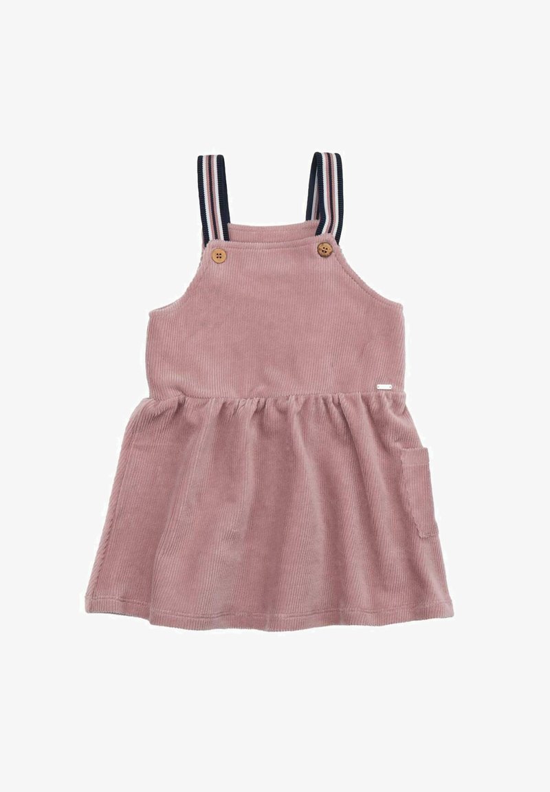 Pink corduroy dress with a flared skirt, featuring navy-striped shoulder straps, wooden buttons, and a side pocket.