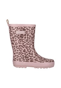 Lyserød gummistøvle med brune leopardpletter, trækflig på bagsiden og "ZIGZAG" logo på siden.