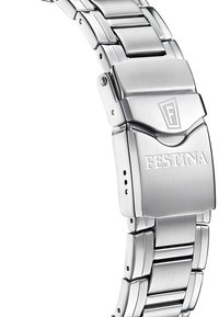 Bracelet de montre en acier inoxydable argenté avec une finition polie et brossée, doté d'une fermeture déployante avec gravure "Festina".