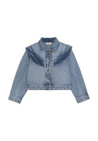 Ljusblå denimjacka med volangkrage, knappstängning och långa ärmar. Slitet utseende med kontrasterande tygdetaljer.