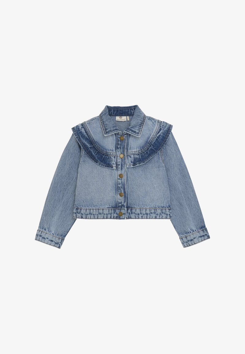 Ljusblå denimjacka med volangkrage, knappstängning och långa ärmar. Slitet utseende med kontrasterande tygdetaljer.