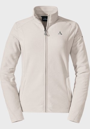 Helle beige Fleecejacke mit hohem Kragen, Frontreißverschluss und seitlichen Taschen. Verfügt über gestickte Details und ein kleines Logo auf der Brust.