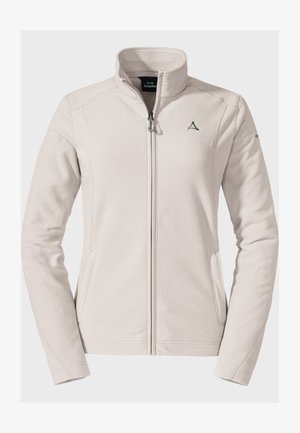 Light beige fleece jacket with a high collar, front zipper, and side pockets. Features stitched detail and a small logo on the chest.