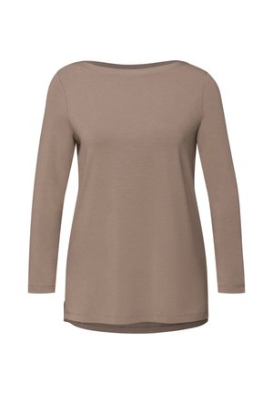 Top z długim rękawem wykonany z miękkiego materiału w kolorze taupe, z dekoltem typu łódka i luźnym krojem, z prostym dołem i minimalistycznymi przeszyciami.