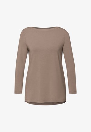 Top z długim rękawem wykonany z miękkiego materiału w kolorze taupe, z dekoltem typu łódka i luźnym krojem, z prostym dołem i minimalistycznymi przeszyciami.