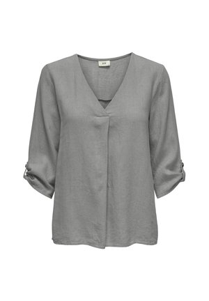 Siva lanena bluzica z V-izrezom in rokavi do tri četrtine. Ima naborek spredaj in gumbne detajle na zapetih rokavih.