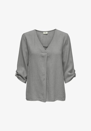 Siva lanena bluzica z V-izrezom in rokavi do tri četrtine. Ima naborek spredaj in gumbne detajle na zapetih rokavih.