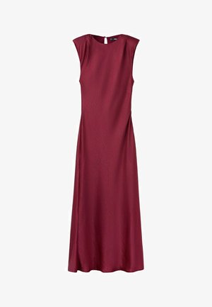 Vestido borgoña sin mangas, hasta el suelo, con ligero acolchado en los hombros y un pequeño cierre de botones en la parte trasera del escote.