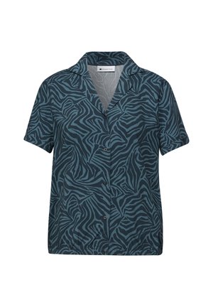 Kurzärmeliges Hemd mit Knopfleiste und Kragen in dunklem Teal und schwarzen abstrakten Zebrastripes, elastischem Saum und "Street One"-Etikett im Kragen.