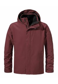 Bordeauxfarbene wasserdichte Jacke mit Kapuze, Reißverschluss vorne und Seitentaschen. Sie verfügt über ein glattes Außenmaterial, verstärkte Nähte und ein weiches Futter.