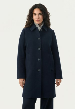 Abrigo de lana azul marino con cuello de muesca, seis botones, bolsillos laterales y corte recto. Llevado sobre un suéter gris.