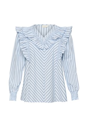 Blusa azzurro chiaro con righe verticali blu navy, colletto a V arruffato e maniche lunghe a sbuffo con polsini arricciati. Tessuto morbido e liscio.