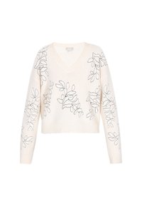 Kremowy sweter w serek, dziany, z długimi rękawami, ozdobiony subtelnymi czarnymi haftami liści na przodzie i rękawach.