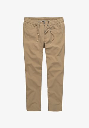 Pantalon beige en tissu doux, avec une taille élastique, cordon de serrage et poches avant. Design à jambe droite avec des détails minimaux.