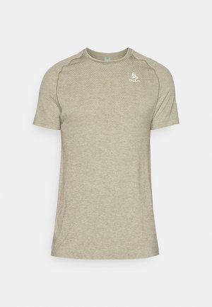 Greenish-beige athletic t-shirt with short sleeves, textured fabric, round neckline, and logo in white on the upper left chest area.