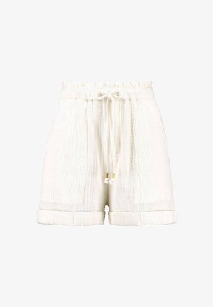 White textured shorts with an elastic waistband, drawstring detail, and two side pockets. Features rolled cuffs and gold accents.