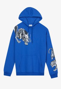 Felpa con cappuccio blu realizzata in tessuto morbido, caratterizzata da una grande grafica di drago grigio sul davanti e una grafica più piccola di tigre sulla manica.