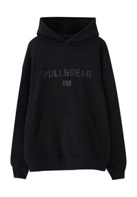 Sweat à capuche noir avec une poche kangourou frontale, des poignets côtelés et le logo "PULL&BEAR" imprimé sur la poitrine.