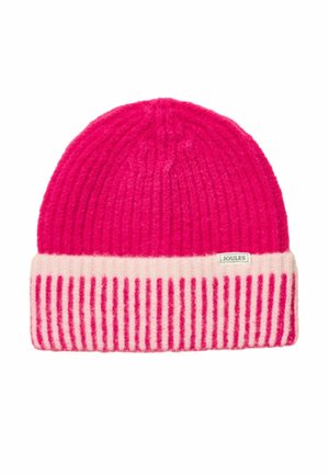 Kirkkaanpunainen neulottu pipo, jossa on taitettu resori, ja jossa on pystysuoria vaaleanpunaisia ja pinkkejä raitoja sekä pieni "Joules"-etiketti.