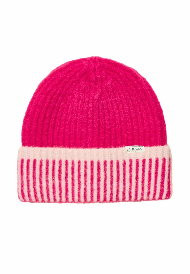 Căciulă tricotată roz aprins cu margine pliată, având dungi verticale roz deschis și roz și o etichetă mică „Joules”.