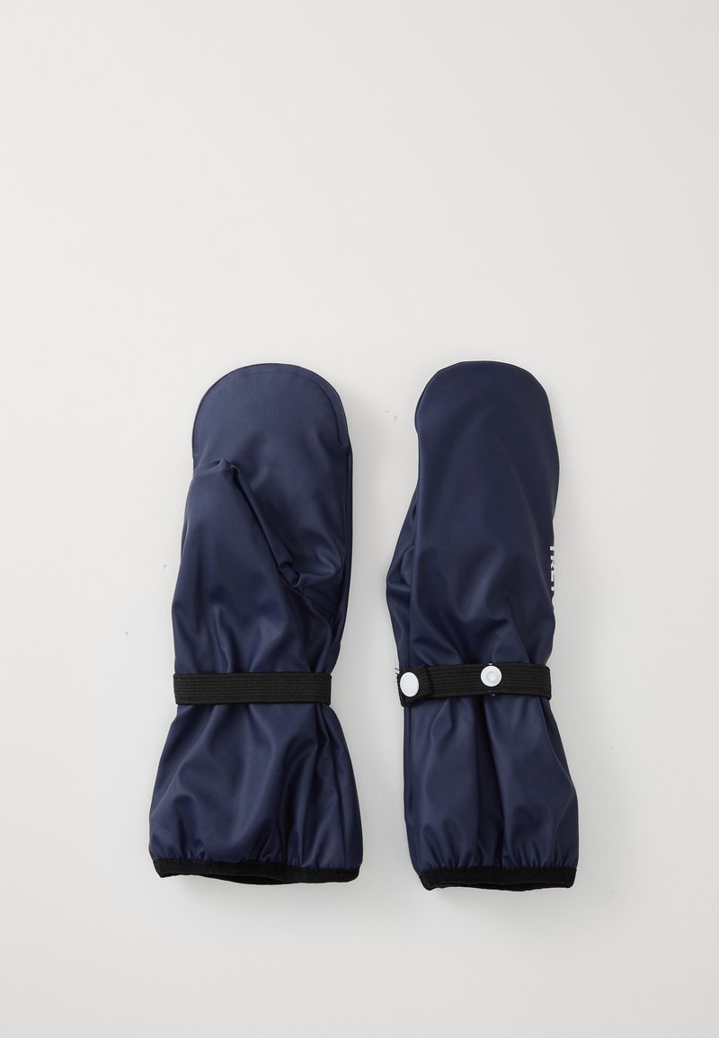 Guanti impermeabili blu navy con polsini elasticizzati e cinturini neri. Texture liscia con una parte superiore arrotondata e dettagli con bottone a pressione.