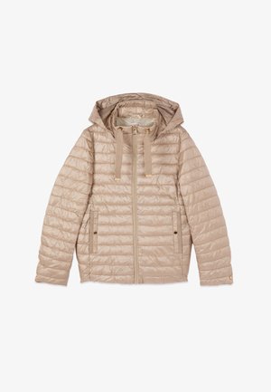 Veste matelassée à capuche beige clair avec fermeture éclair à l'avant, cordons de serrage, deux poches à bouton-pression et détails à boutons-pression sur les manches.