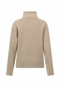 Beige Fleece-Pullover mit hohem Kragen, langen Ärmeln und strukturiertem Oberflächen. Verfügt über ein kleines quadratisches Patch auf dem oberen Rücken.