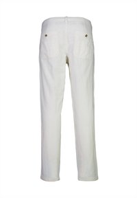 Witte linnen broek met een rechte pasvorm, voorzien van twee achterzakken en details in goudkleurig metaal. Gestructureerde stof, lichtgewicht.