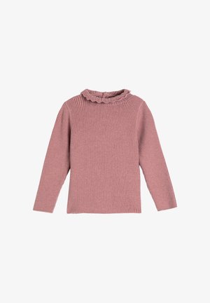 Suéter rosa acanalado con mangas largas y un detalle de cuello con volantes. Fabricado con un suave tejido de punto para mayor comodidad.