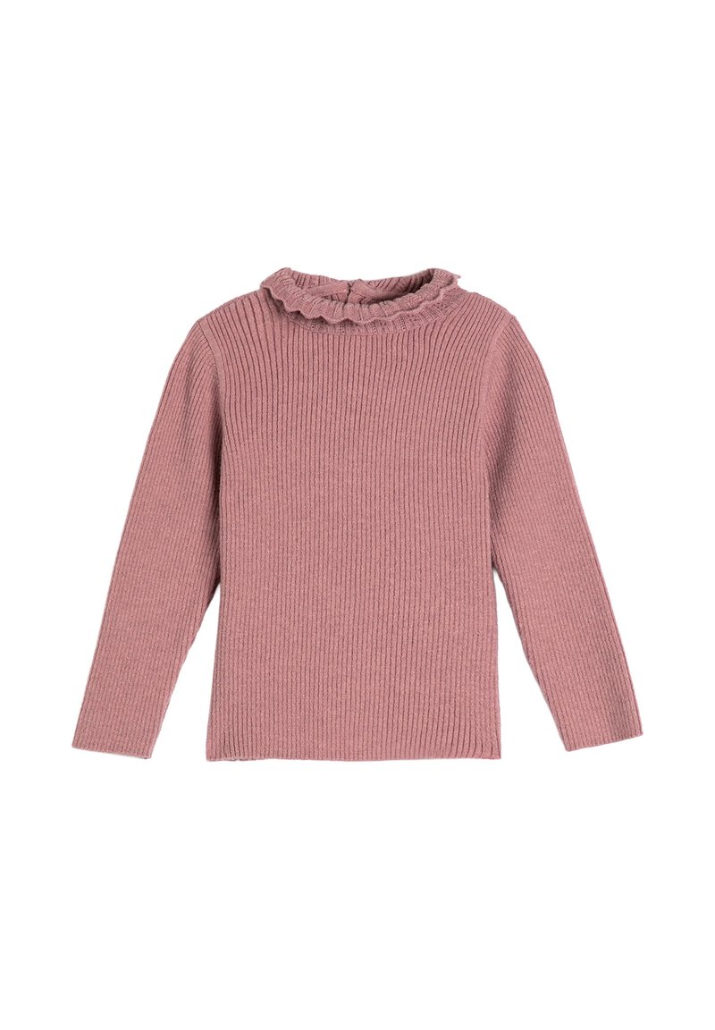 Ribbed pink sweater featuring long sleeves and a ruffled neckline detail. Made from a soft knit fabric for comfort.