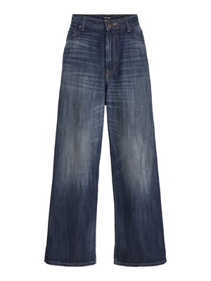 Wide-leg blue denim jeans with faded details, front button, zipper, belt loops, and front pockets.