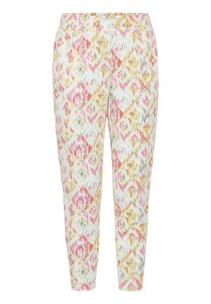 Leggings met een witte basis, voorzien van een kleurrijk diamantenpatroon in roze, geel en turquoise. Zacht materiaal met een elastische tailleband.