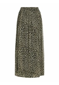 Jupe midi en imprimé léopard avec une taille élastique, tissu léger, design plissé et une palette de couleurs noir et beige.