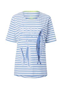 Blau-weißer gestreifter Kurzarmshirt mit Fischmotiven und Text. Der Stoff ist leicht, mit einem runden Ausschnitt und lockerer Passform.