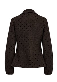 Blazer féminin marron foncé ajusté avec des pois noirs, manches longues et col, vu de dos.