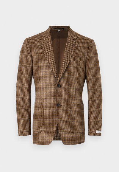 Brown houndstooth blazer with a notched lapel, two buttons, and a chest pocket; textured fabric with a smooth interior lining.