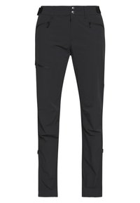 Schwarze Outdoor-Hosen aus leichtem Material, mit mehreren Reißverschlusstaschen, einer glatten Textur und einem taillierten Design.