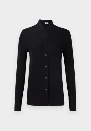 Black long-sleeve shirt made of smooth fabric, featuring a pointed collar, buttoned front, and cuffed sleeves with matching buttons.